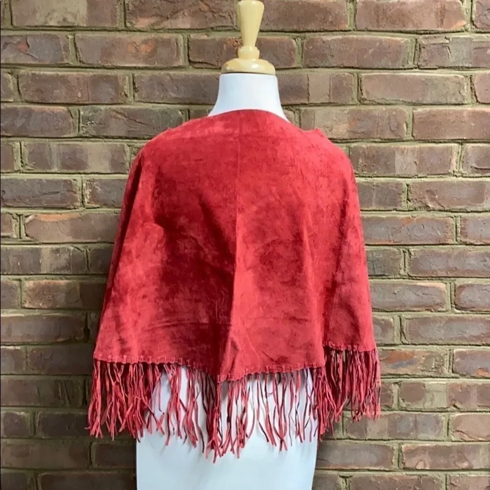 Central Falls Red Suede Fringed Cape Shawl